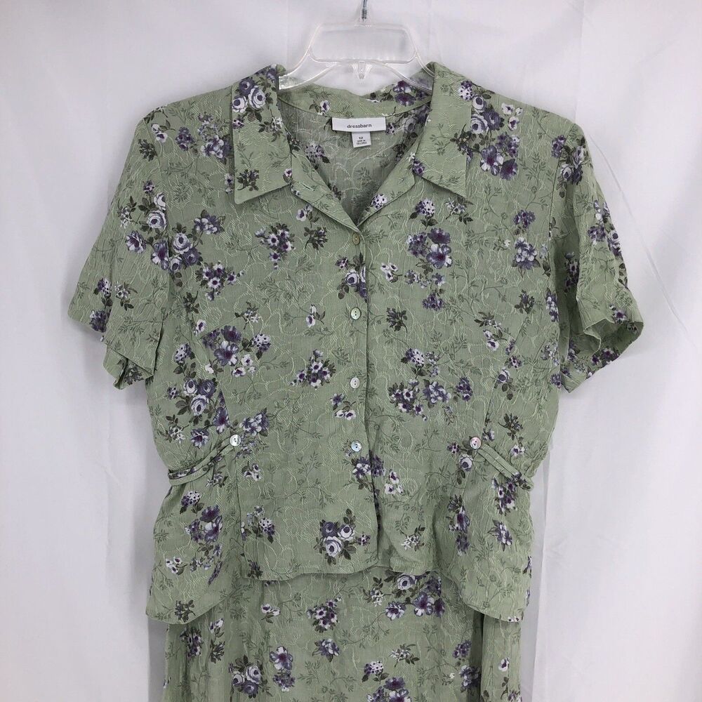 Dress Barn 2 Piece Set Sleeveless Maxi Dress Button Up Blouse Green Floral 12